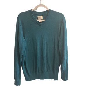 St Johns Bay V Neck Sweater Teal Blue Long Sleeve Size L Lightweight Knit Mens